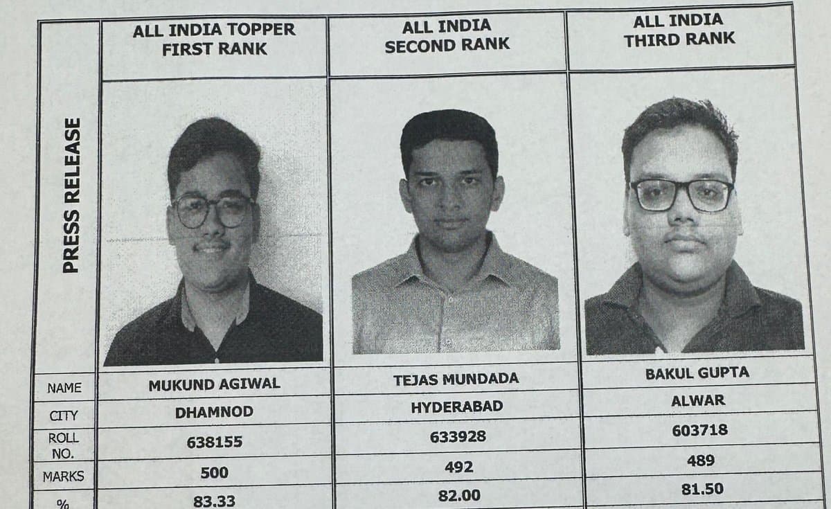 CA Final AIR First, Second and Third โ (Left to Right) Mukund Agiwal, Tejas Mundada, Bakul Gupta