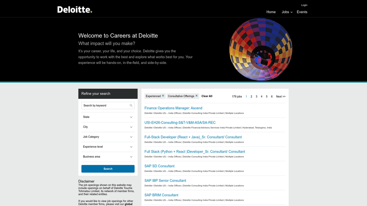 A screenshot of the Deloitte USI careers page, illustrating a key difference in the Deloitte India vs Deloitte USI discussion.