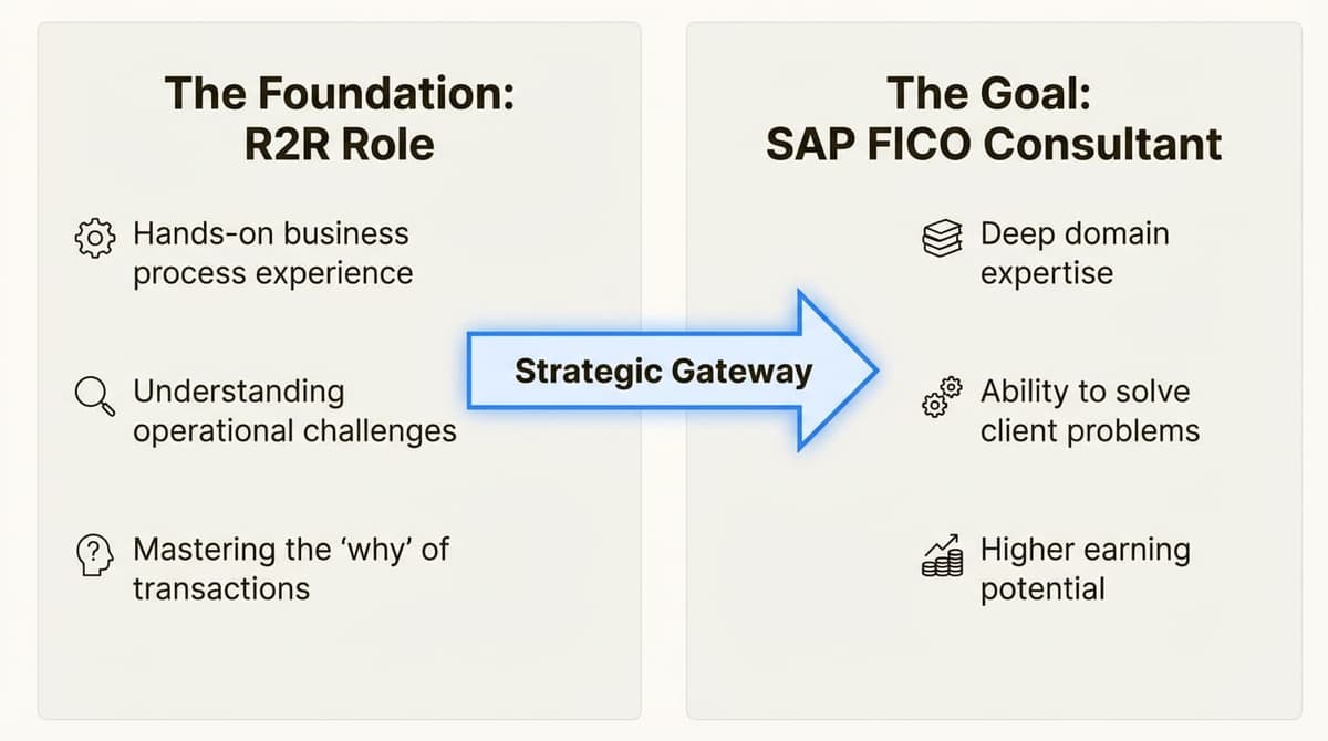An infographic illustrating the career progression from an R2R role to an SAP FICO consultant, a key concept for R2R interview questions.