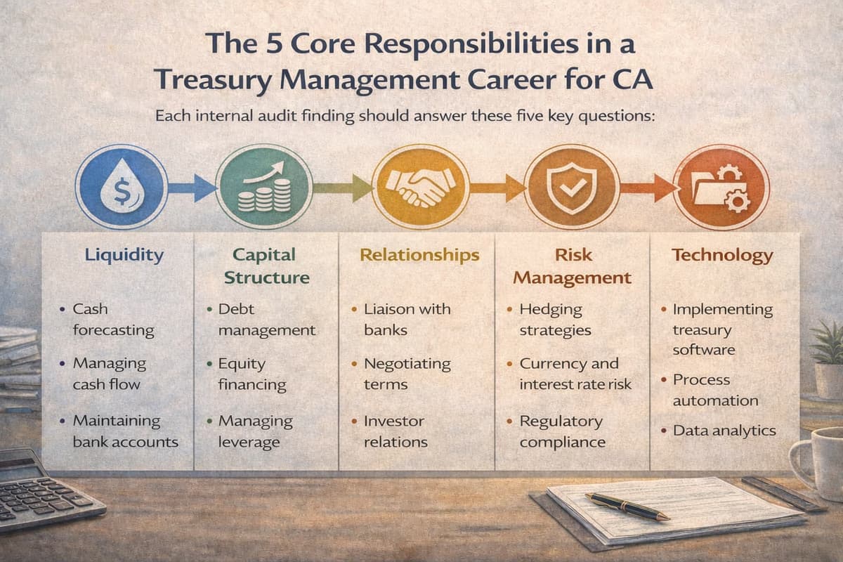 An infographic showing the five core responsibilities in a treasury management career path for CA